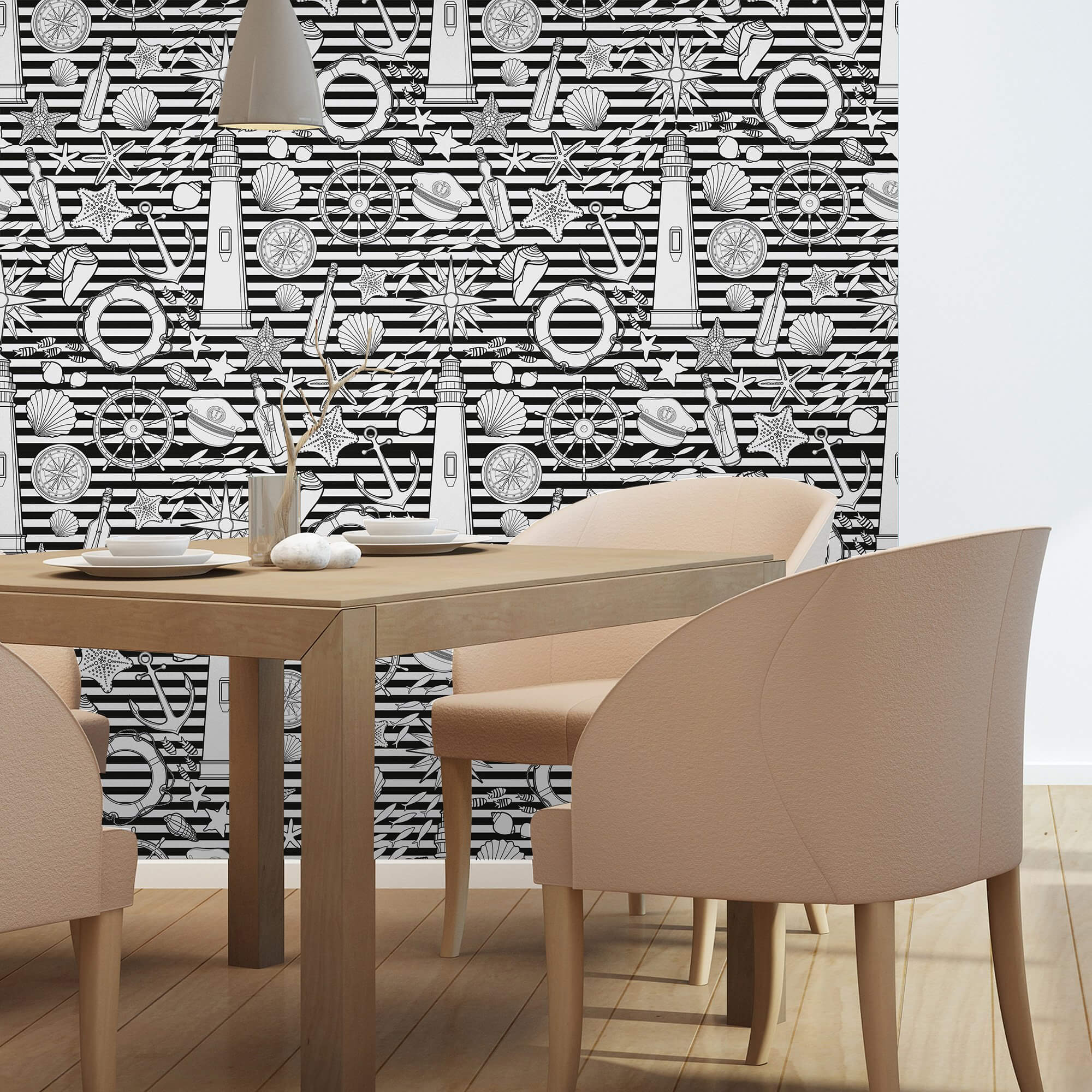 White Striped Nautical Peel and Stick Removable Wallpaper - Self-Adhesive Decorative Wall Covering for Bedroom, Bathroom, Nursery & Office - Easy to Apply & Remove