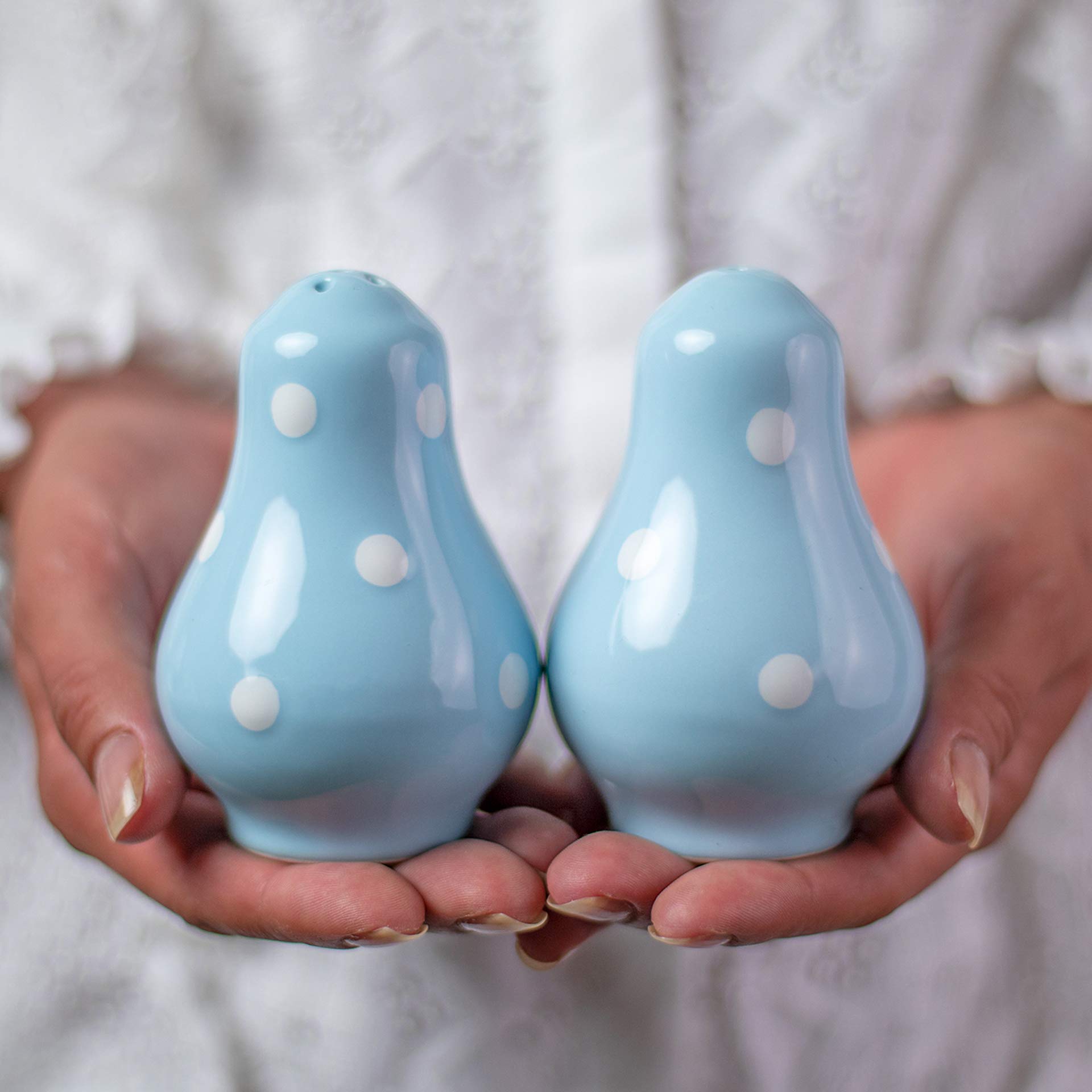 Handcrafted Ceramic Salt and Pepper Shakers Set - Farmhouse Style Sky Blue Polka Dot Spice Dispensers for Home, Restaurant & Wedding Decor | Perfect Kitchen Countertop Accessories for Rustic, Cottage & Modern Dining Spaces