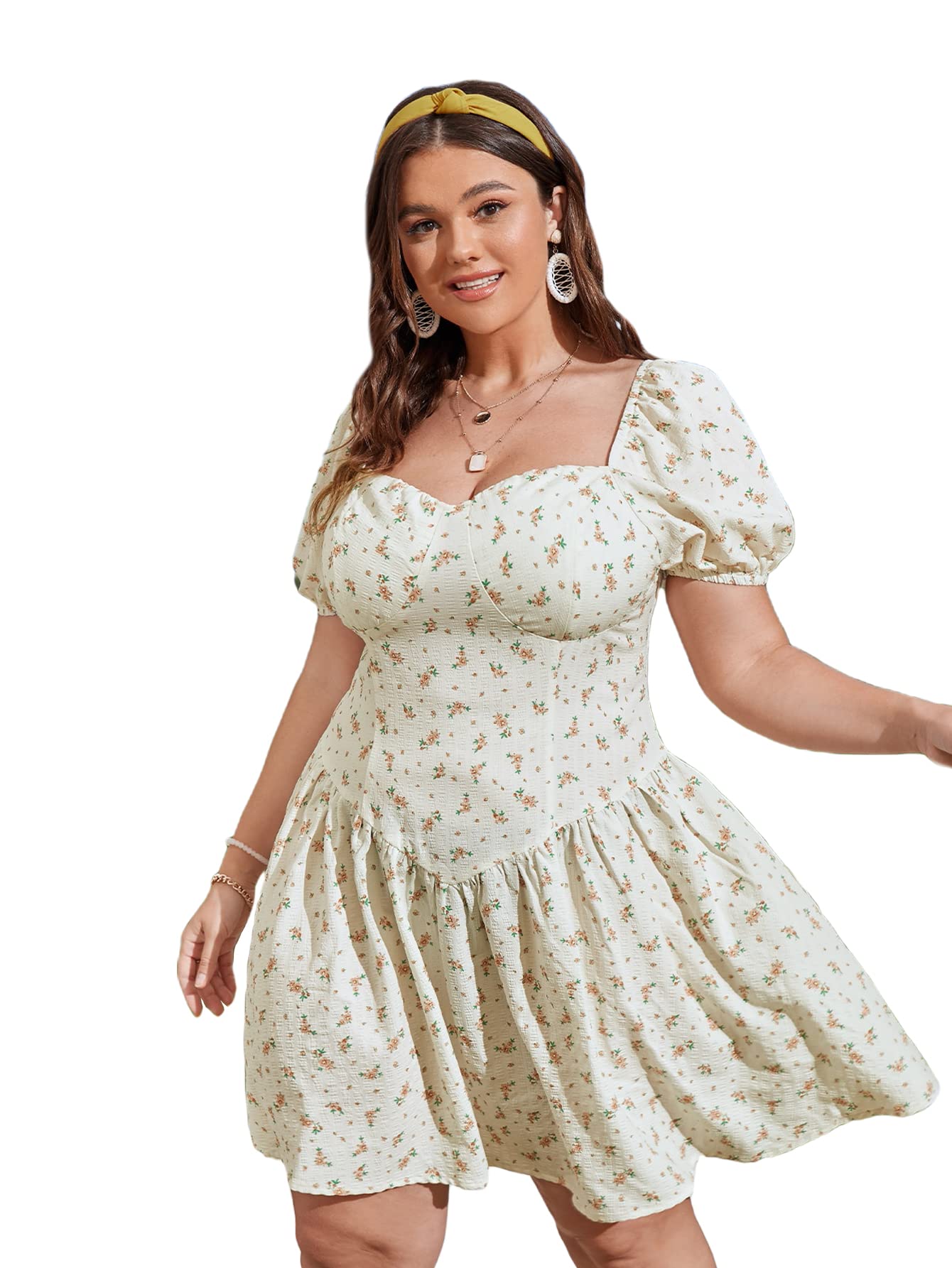 WDIRARA Women's Floral Print Puff Sleeve A-Line Dress with Sweetheart Neckline & Front Tie - Summer Mini Dress for Date Night, Wedding Guest, Party & Vacation