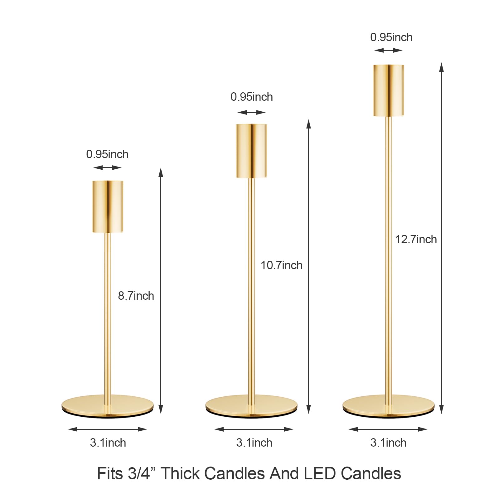 French Gold Candlestick Holders Set of 3 - Elegant Taper Candle Holders for Weddings, Dining & Parties - Fits 3/4 Inch Candles - Perfect for Romantic Dinners, Centerpieces & Home Decor