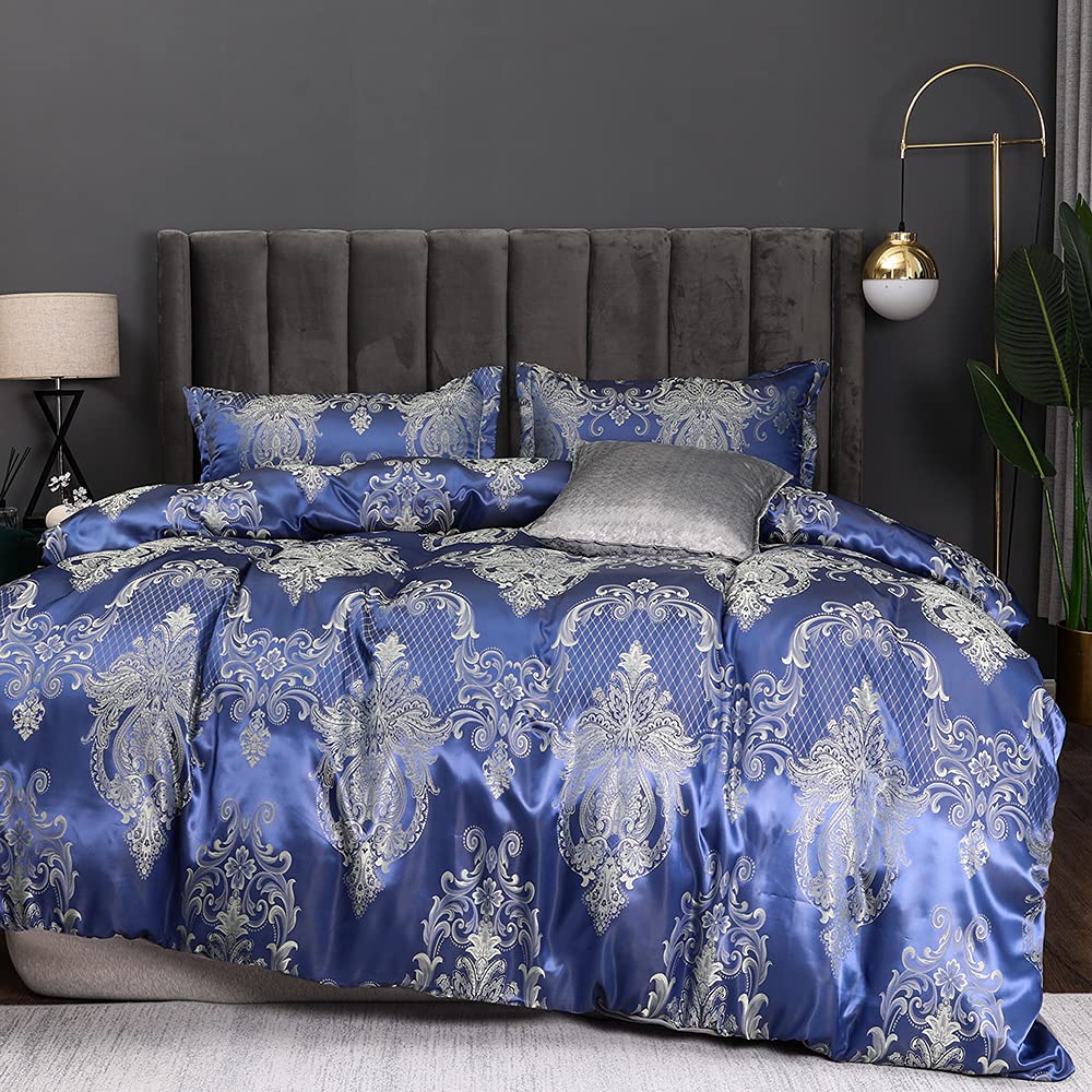 Luxury 3-Piece Jacquard Duvet Cover Set King Size - Soft Satin Silky Bedding Comforter Cover with Zipper Closure & Pillowcases - Purple King Size Bedding Set for Master Bedroom, Guest Room & Hotel Decor