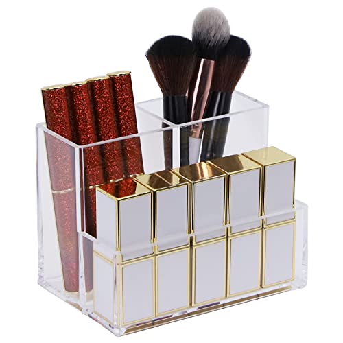 Clear Acrylic Makeup Organizer - 3-Tier Cosmetic Storage Case with Brush Holder & Lipstick Dispenser | Bathroom Vanity Organizer (5.1