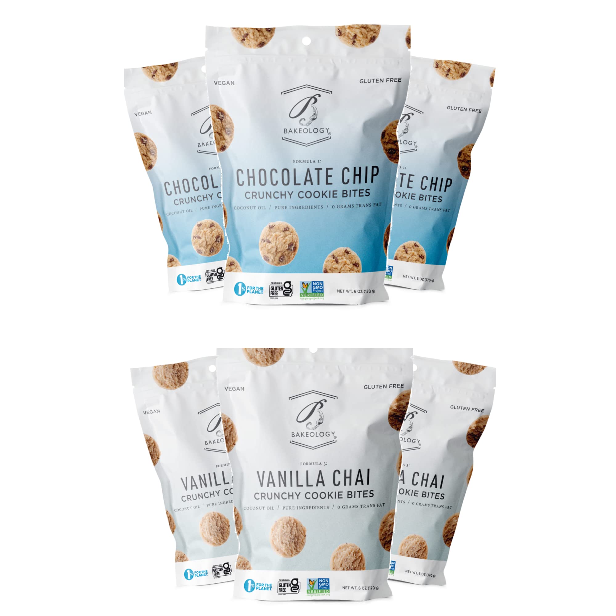 Bakeology Gluten Free Vegan Cookies - 6 Pack (5 oz Each) | Chocolate Chip & Vanilla Chai Flavors | Healthy Snacks for School, Office & Travel | Dairy-Free Plant-Based Treats
