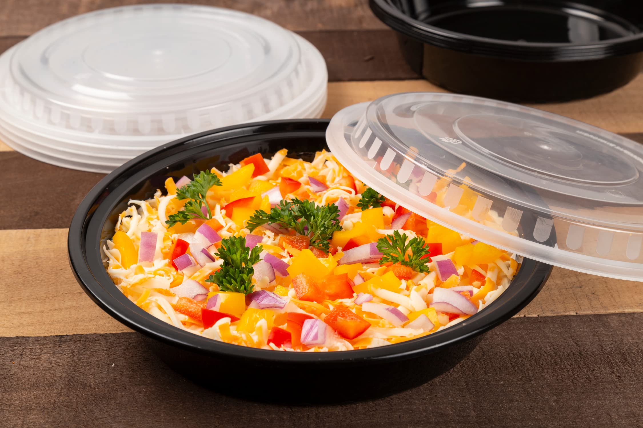 AmerCare 9-Inch Round Black Plastic Food Storage Containers with Lids - 48oz Microwave & Freezer Safe - 150-Pack for Meal Prep, Leftovers & Bulk Food Storage