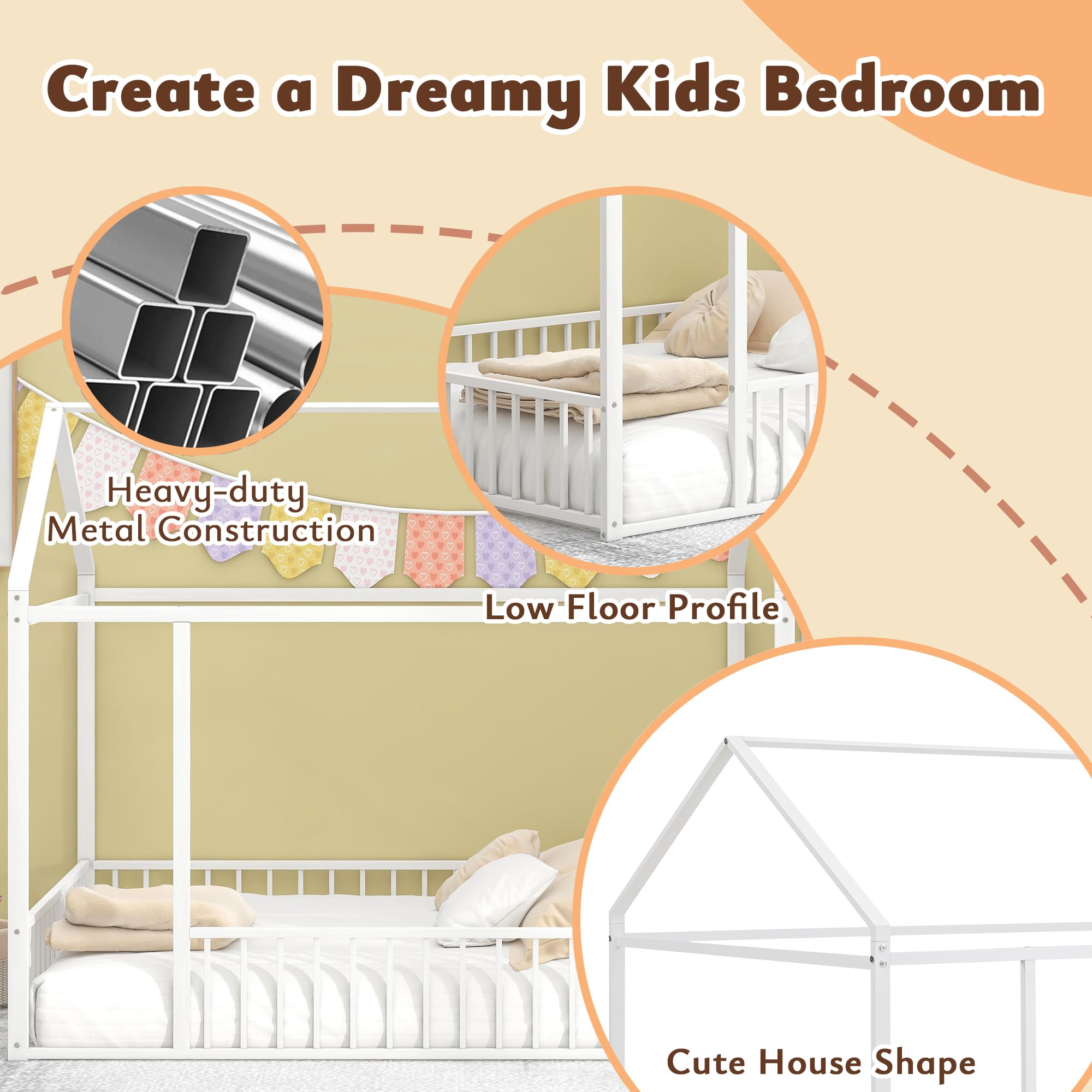 Montessori Floor Bed for Kids - Full Size White Metal House Bed Frame with Safety Fence | Playhouse Style Toddler Bed for Daytime Play & Nighttime Sleep | Perfect for Montessori Bedrooms & Playrooms
