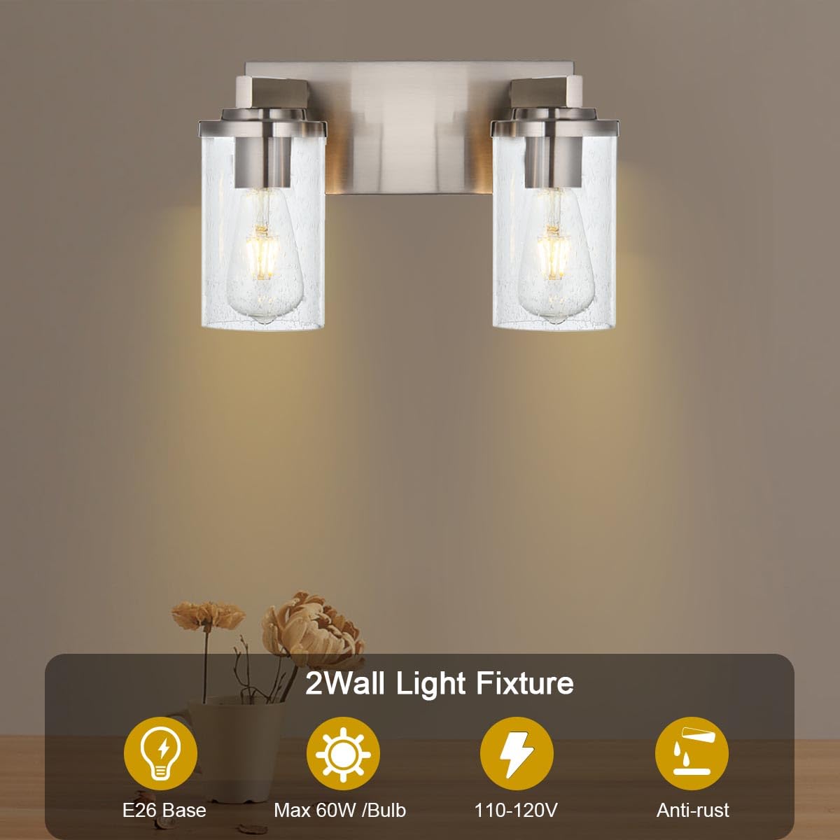 BONLICHT 2-Light Brushed Nickel Wall Sconce with Clear Glass Shade - Modern Industrial Vanity Lighting for Bathroom Mirror, Porch, Entryway & Staircase - Perfect for Home Decor and Ambient Lighting