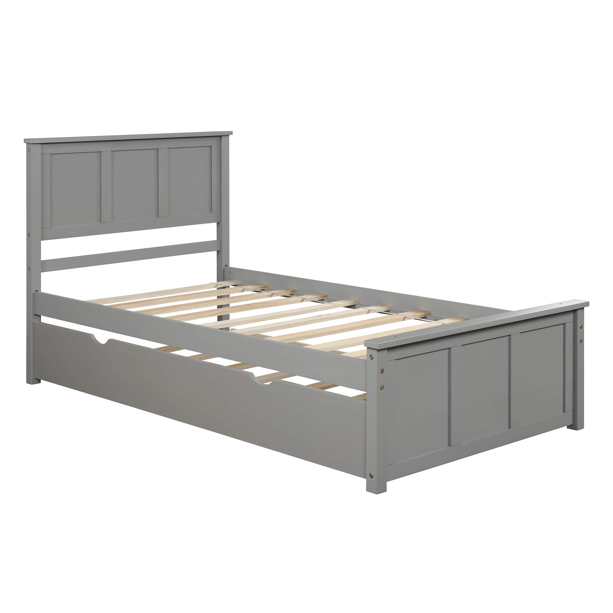 Twin Platform Bed with Trundle, Wood Slat Support - No Box Spring Needed (Gray) for Small Spaces & Guest Rooms