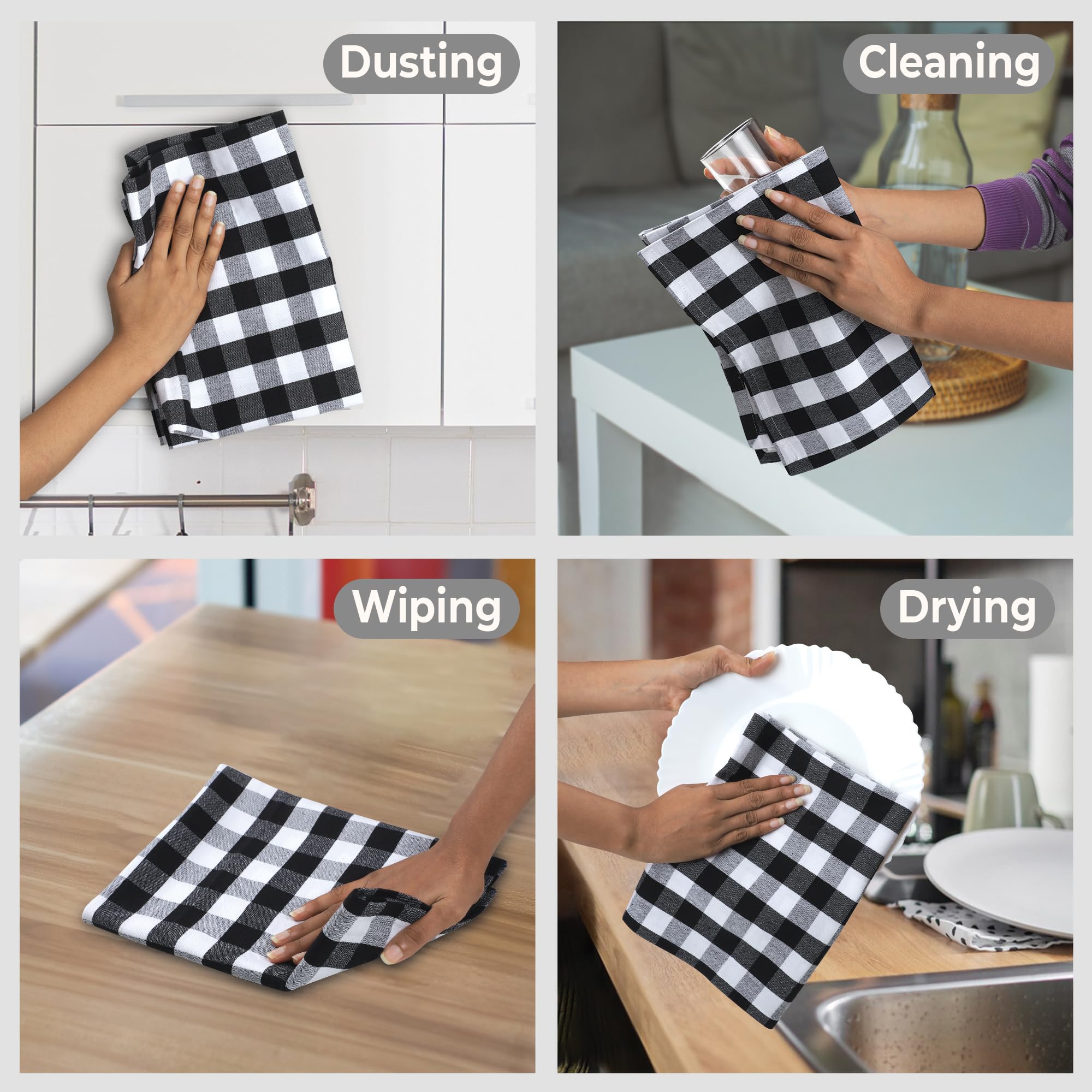 Premium 6-Pack Buffalo Check Kitchen Towels - 20x30 Inches, 100% Cotton, Ultra Absorbent & Soft - Black/White Pattern with Mitered Corners - Perfect for Cooking, Baking & Holiday Decor