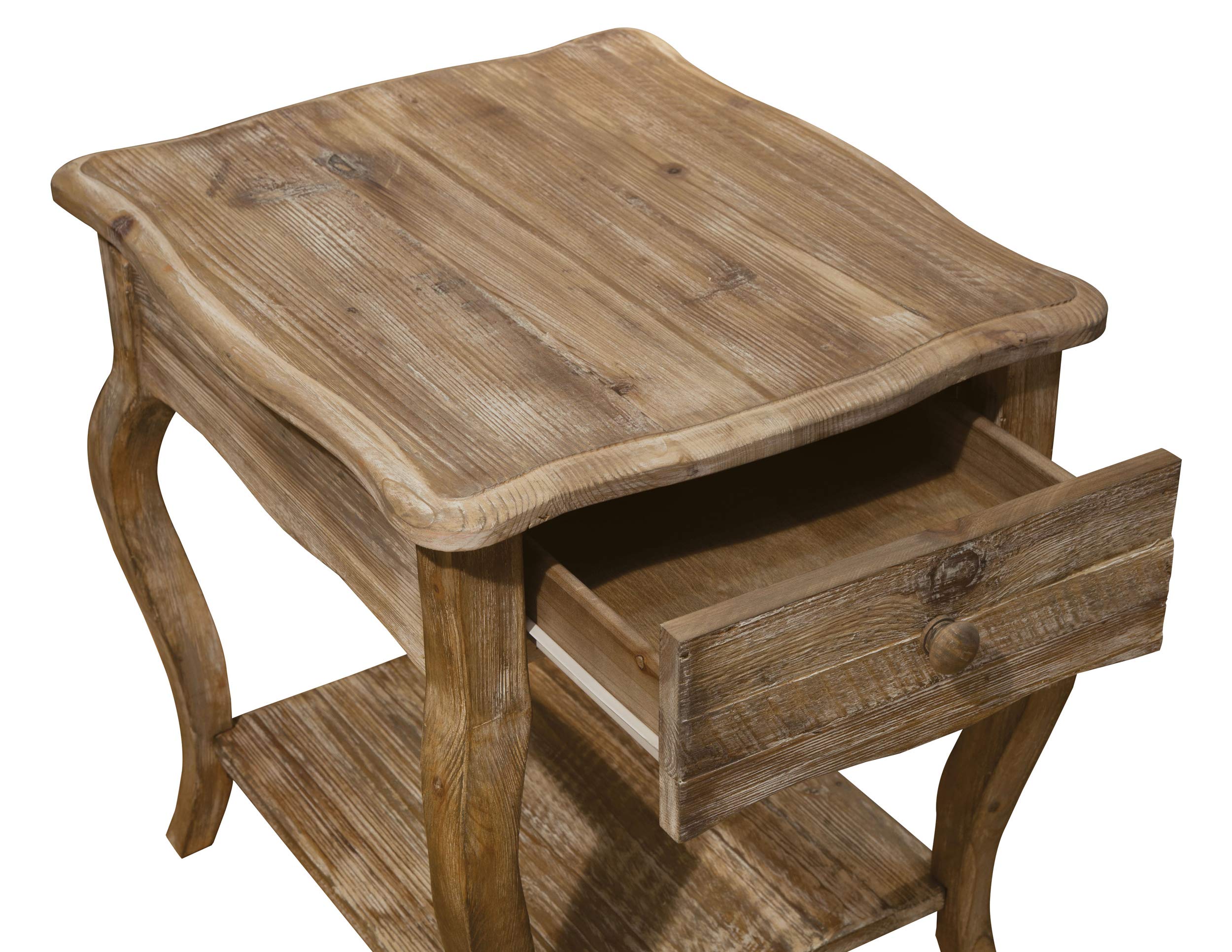 Alaterre Austerity Rustic Solid Wood End Table with Queen Anne Legs, Drawer & Shelf - 20x23x24 Inch Driftwood Finish Nightstand for Living Room, Bedroom & Office Décor
