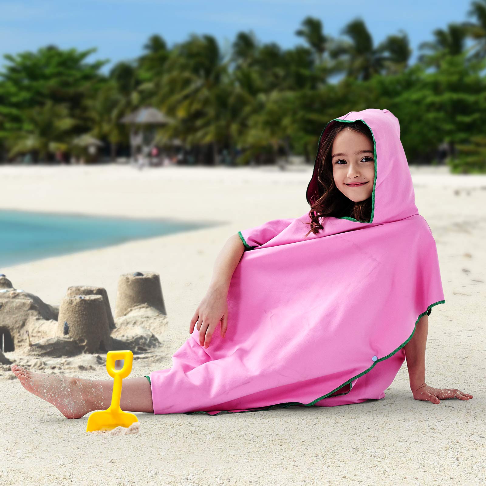 Quick Dry Kids Swim Poncho Changing Robe - Microfiber Hooded Beach Towel for Boys & Girls | Perfect for Surfing, Swimming, Travel, Camping, Pool & Bath | Soft Pink Waterproof Cover-Up