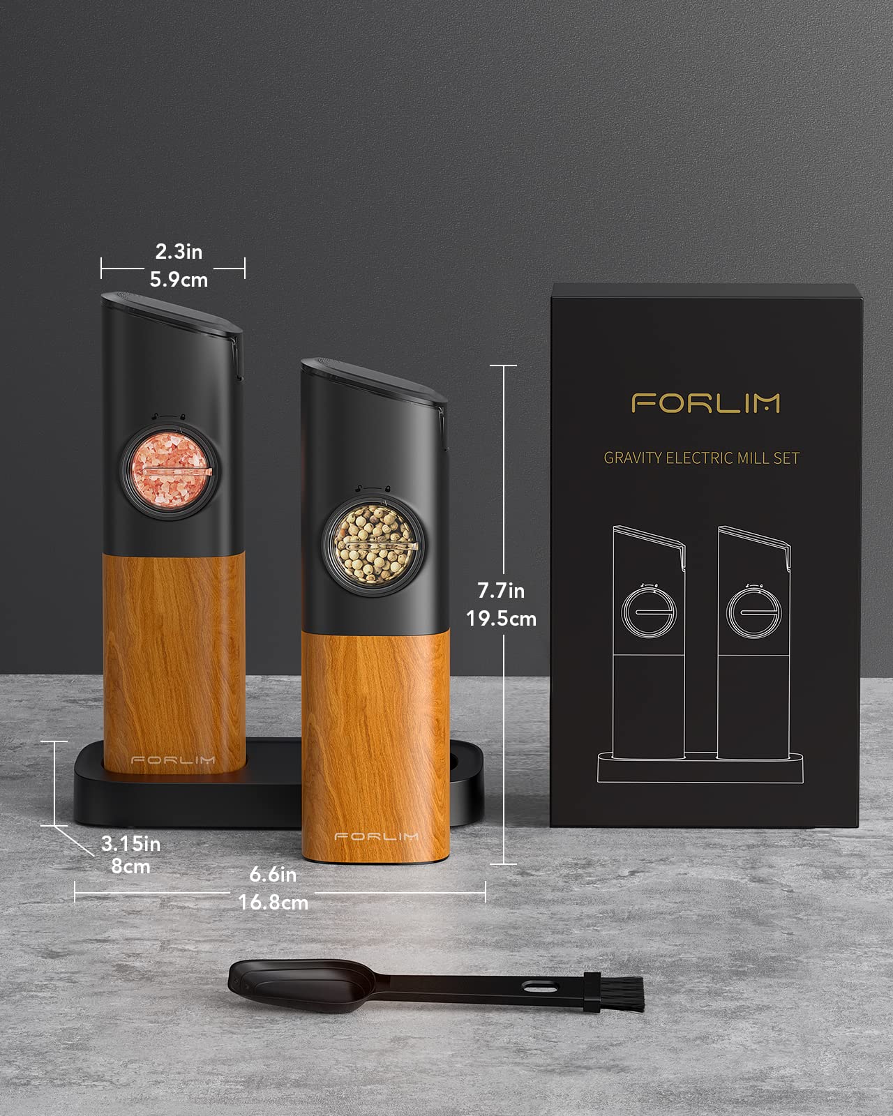 FORLIM Gravity Electric Salt and Pepper Grinder Set - USB Rechargeable, Large Capacity, Adjustable Coarseness, One-Hand Operation with LED Light (Natural Wood Grain) - Perfect for Kitchen, Dining Table, Camping & Gifts
