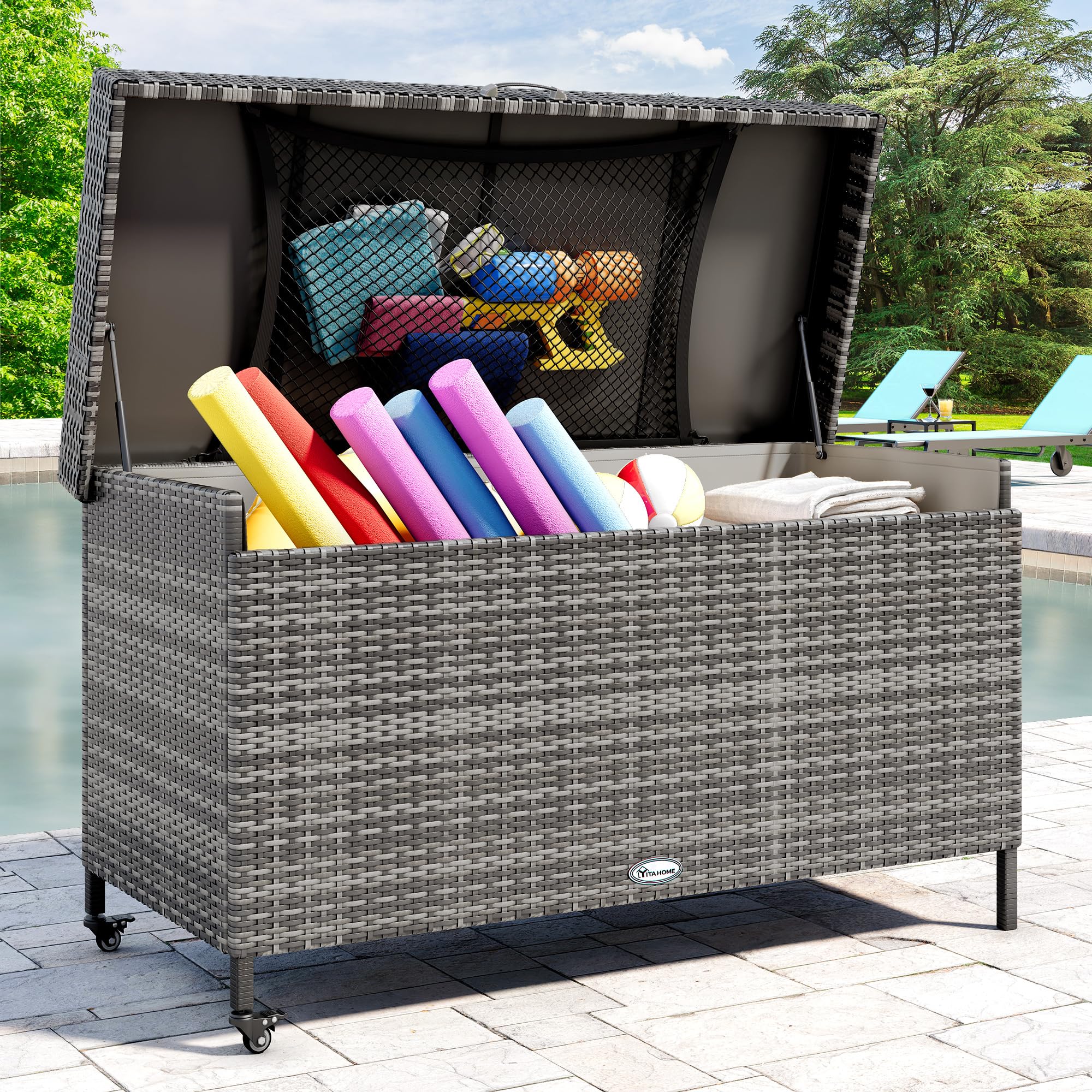 YITAHOME 200 Gallon Large Wicker Deck Box with Storage Net - XL Rattan Outdoor Storage Container for Patio Cushions, Garden Tools & Pool Equipment - Waterproof Furniture Cover for Backyard, Deck & Poolside (Grey)