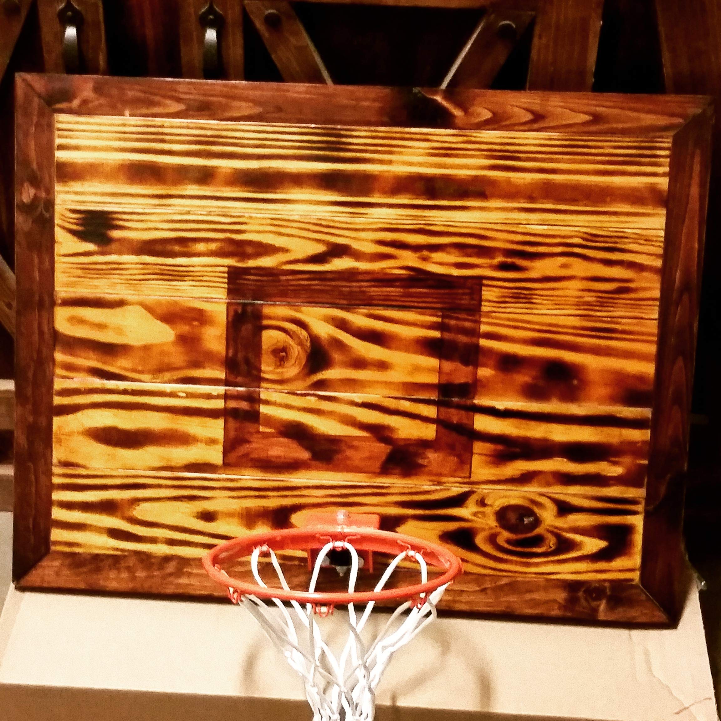 Handmade Mini Wooden Basketball Hoop - Rustic Burnt Wood with Clear Coat Finish - Perfect for Kids Room Decor, Office Desk Toy, and Indoor Basketball Games