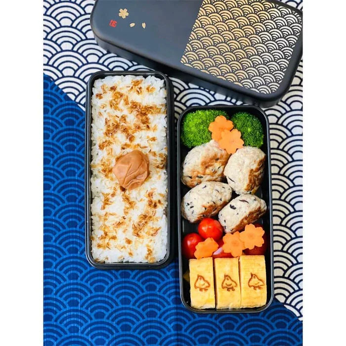 Premium Hakoya Two-Tier Black Bento Lunch Box with Seigaiha Wave Pattern - 950ml Capacity | Ideal for Office Lunch, School Meals & Picnics | Microwave & Dishwasher Safe