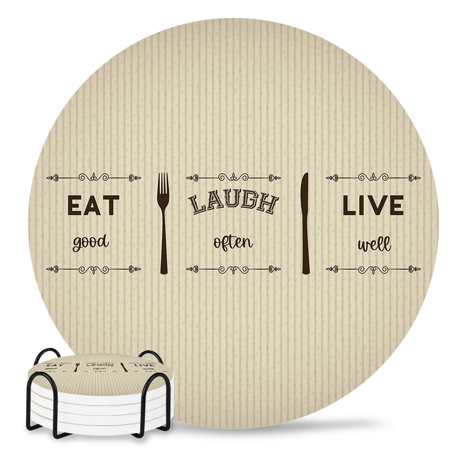 Absorbent Ceramic Drink Coasters Set of 4 - Non-Slip Cork Base, Kitchen & Bar Decor - Perfect for Home, Office, Dining Table & Coffee Mug Protection (Vintage Knife Design, 'Eat Laugh Live' Theme)