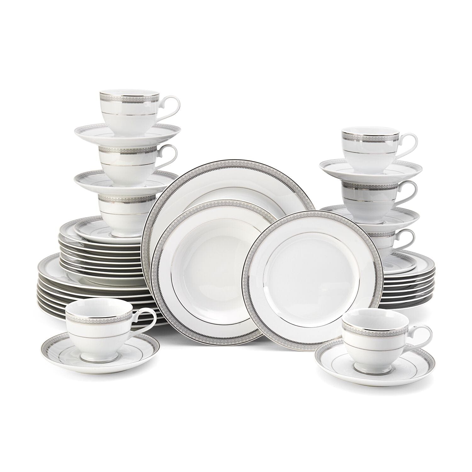 Platinum Crown 40-Piece Dinnerware Set - Elegant Porcelain Dinnerware Service for 8 People, Perfect for Formal Dining, Holiday Entertaining & Wedding Registry Gifts