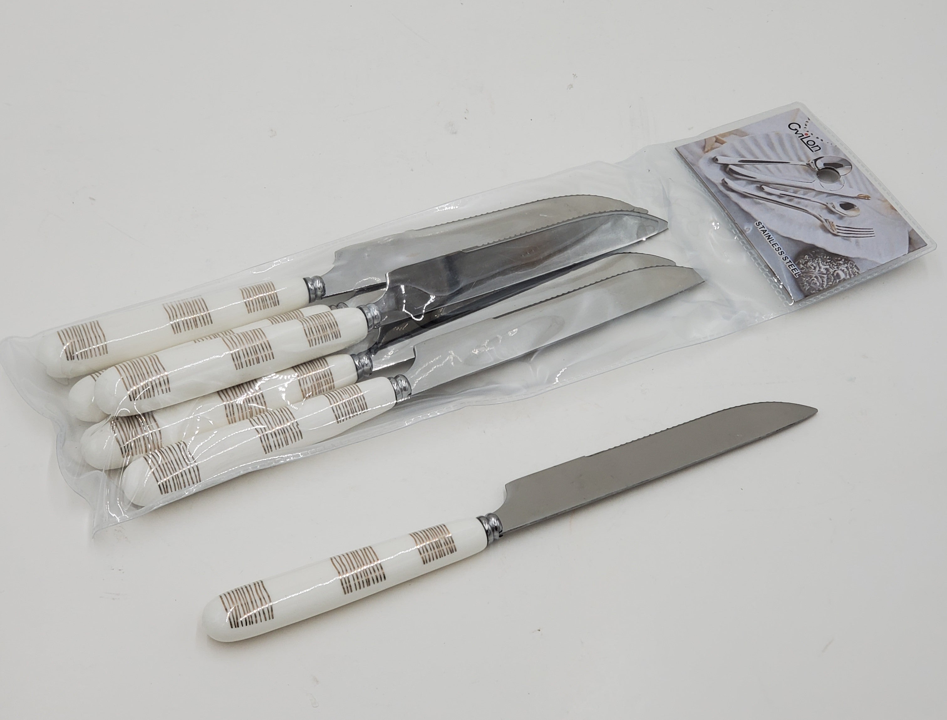 6-Piece Stainless Steel Dinner Knife Set - Elegant White & Gold Cutlery for Formal Dining, Wedding Gifts & Home Entertaining