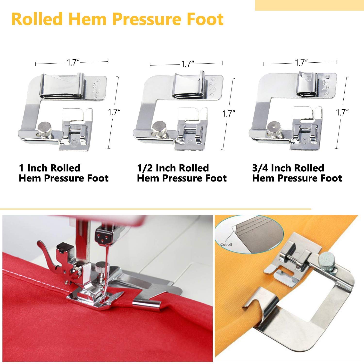 HONEYSE 6-Piece Hemmer Foot Kit - 3 Rolled Hem & 3 Narrow Rolled Hem Presser Feet for Brother, Singer, Janome Low Shank Sewing Machines | Perfect for Professional Garment Finishing, Quilting & DIY Sewing Projects