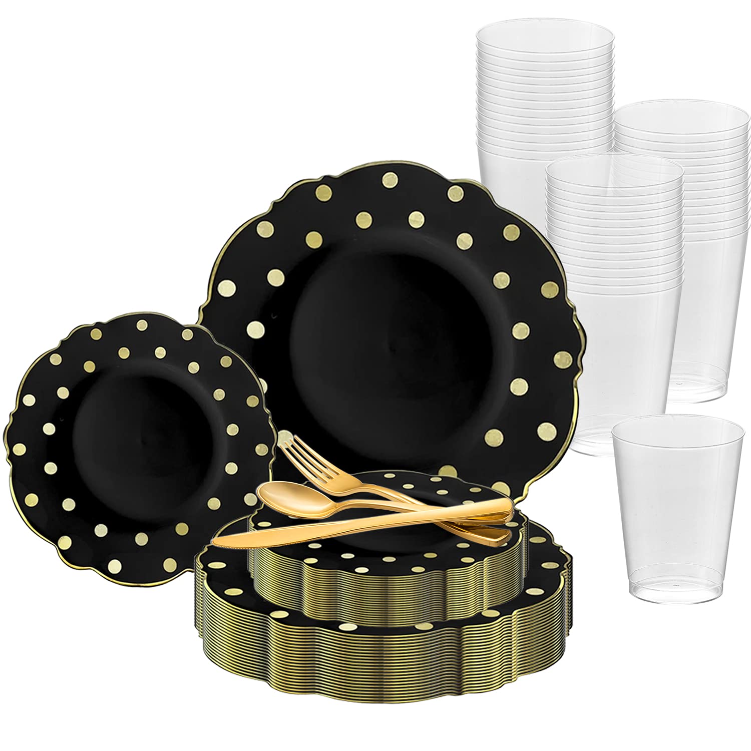 Eco-Friendly Disposable Plastic Dinnerware Set with Round Dots - 360pc (60 Person) Black & Gold Wedding Party Tableware Includes Dinner Plates, Salad Plates, Gold Cutlery (Spoon, Fork, Knife) and Clear Cups - Perfect for Weddings, Parties, Catering & Outdoor Events