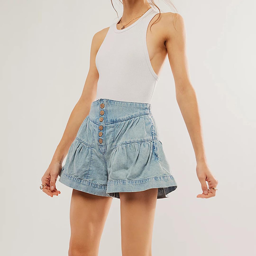 Women's High Waisted Denim Shorts - Stretchy Elastic Waist with Ruffle Hem & Pleated Button Details | Casual Summer Jean Shorts for Beach, Outfits & Everyday Wear