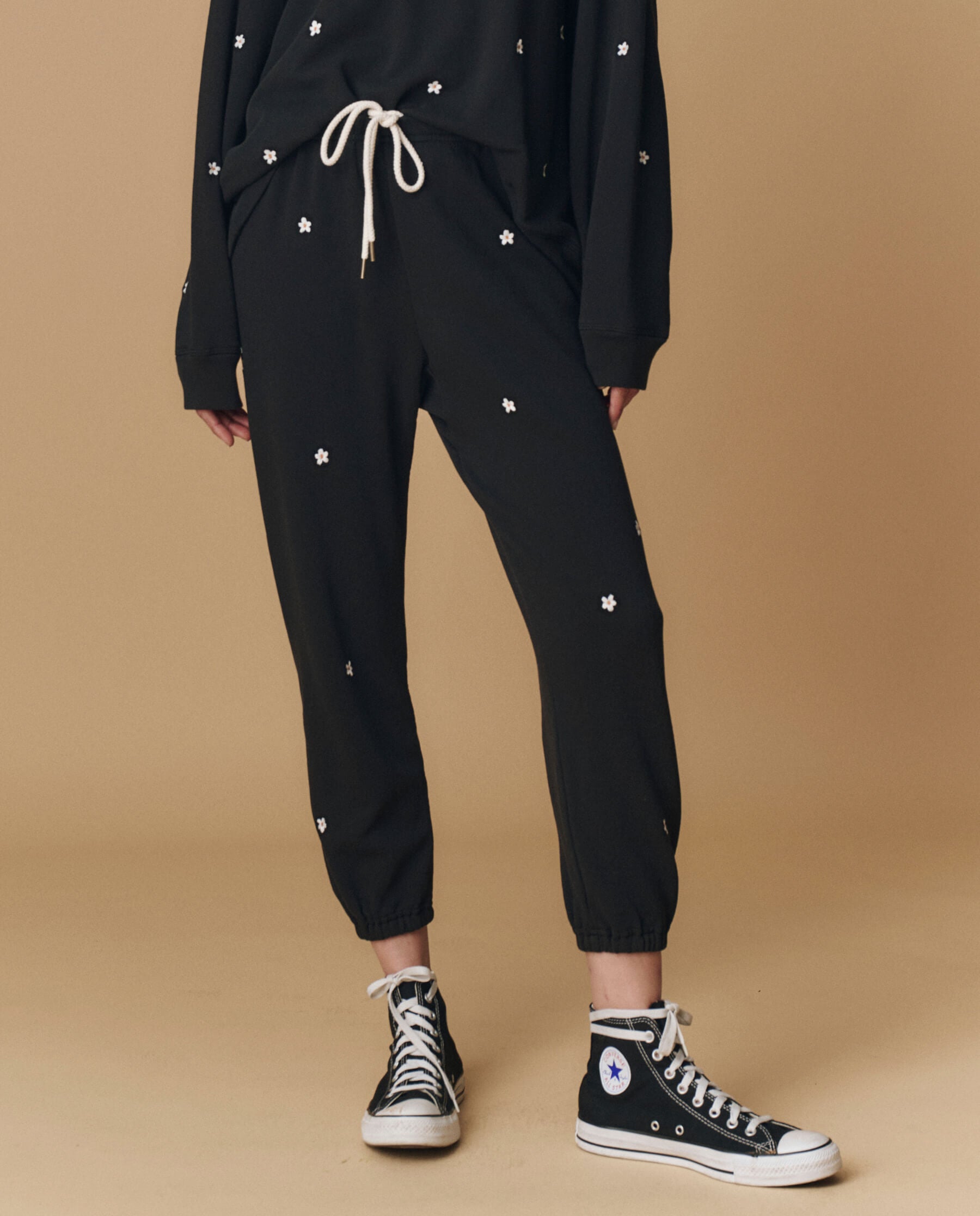 The Stadium Sweatpant - Embroidered Almost Black with Daisy Design | Comfortable Lounge Pants for Women | Perfect for Yoga, Running Errands & Relaxing at Home