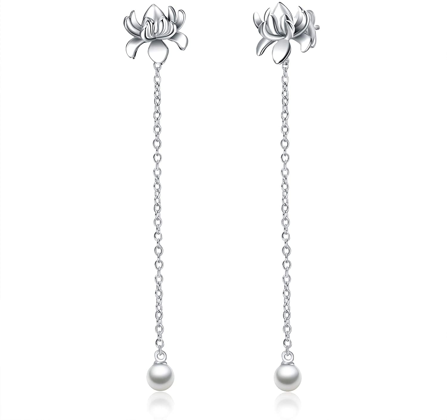 Sterling Silver Lotus Flower Earrings with Pearl Drop - Elegant Long Dangle Earrings for Women | Fashion Jewelry Gift for Birthday, Christmas & Special Occasions | Perfect for Weddings, Parties & Everyday Wear