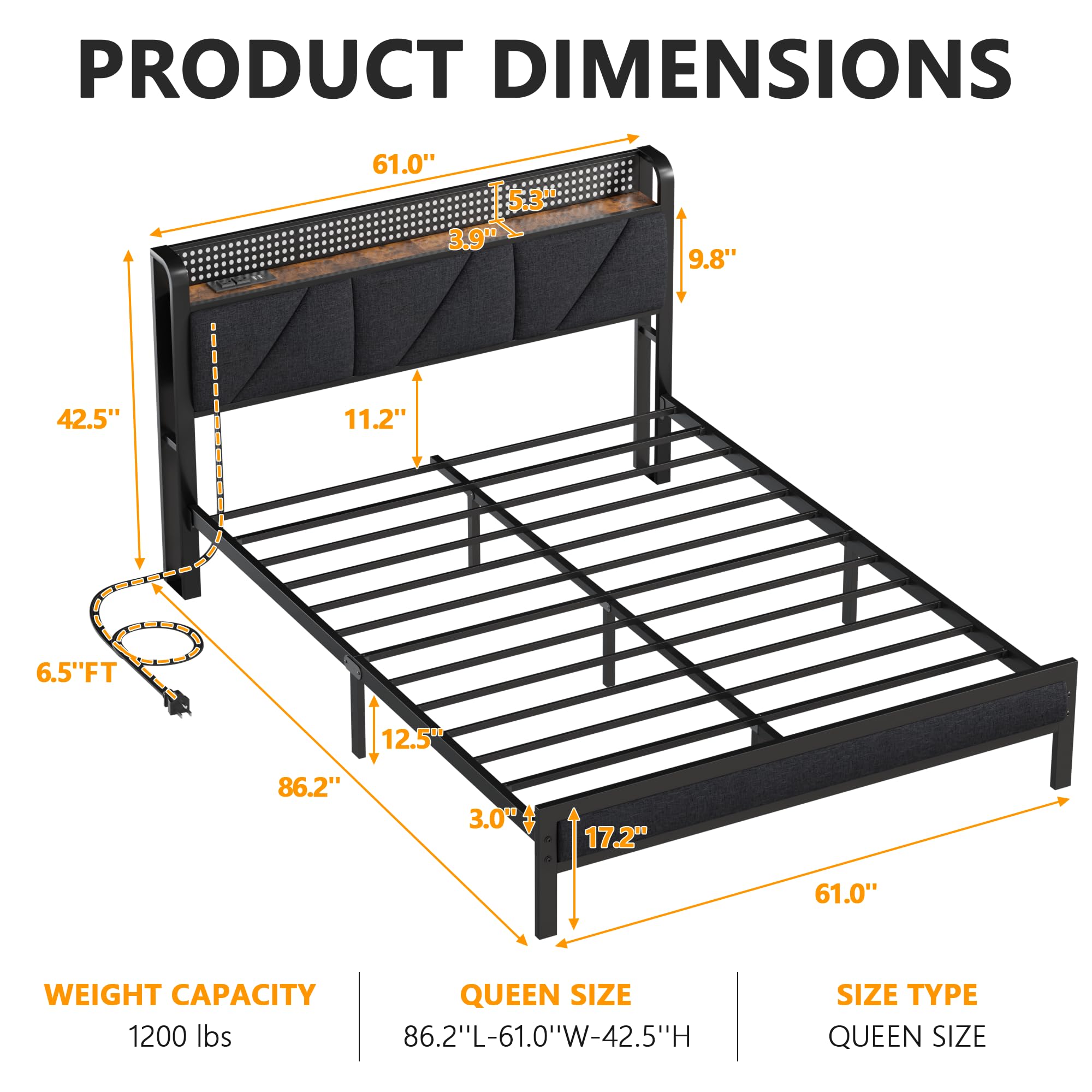 Furnulem Queen Size Bed Frame with Headboard & LED Lights - Upholstered Platform Bed with USB Charging Station, No Box Spring Needed, Noise-Free Metal Bed Frame - Perfect for Modern Bedrooms, Guest Rooms & LED Lighting Enthusiasts