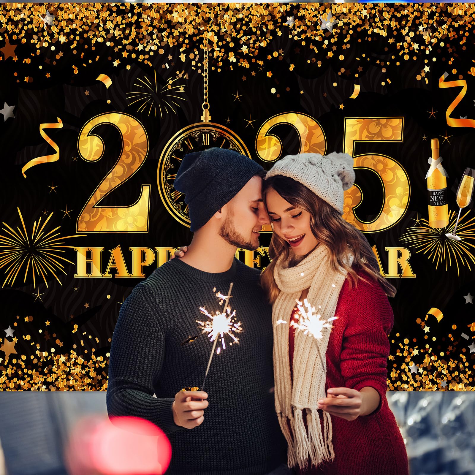 2025 New Year Party Banner - 72.8x43.3 Inch Large Happy New Year Backdrop for Photo Booth, Wall Decor & Celebration - Sumind NYE Party Supplies for Festive Home, Office & Event Decorations