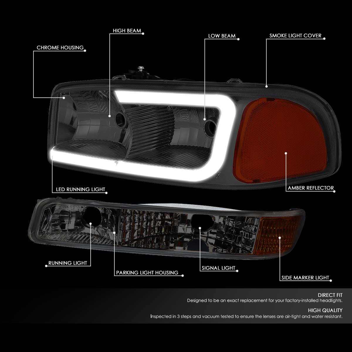 Auto Dynasty LED DRL Headlights for 1999-2007 GMC Sierra - 4Pcs Replacement with Bumper Lamps - Perfect for Off-Road & Night Driving