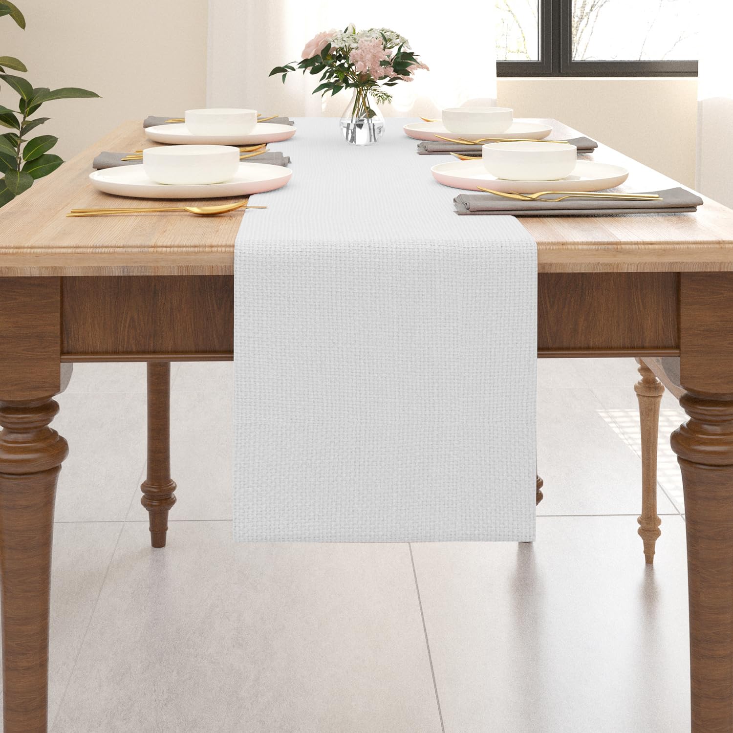 12x36 Inch Farmhouse Burlap Table Runner - Pure White Cotton Dining Tablecloth for Kitchen, Coffee Table, Holiday Party & Wedding Decor