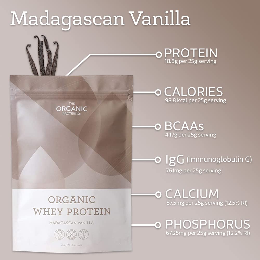 Organic Whey Protein Powder - Madagascan Vanilla Flavor | Grass-Fed, Gluten-Free, Vegetarian, Additive-Free Protein Supplement for Muscle Recovery & Weight Management - Perfect for Post-Workout Shakes & Healthy Smoothies - 400g