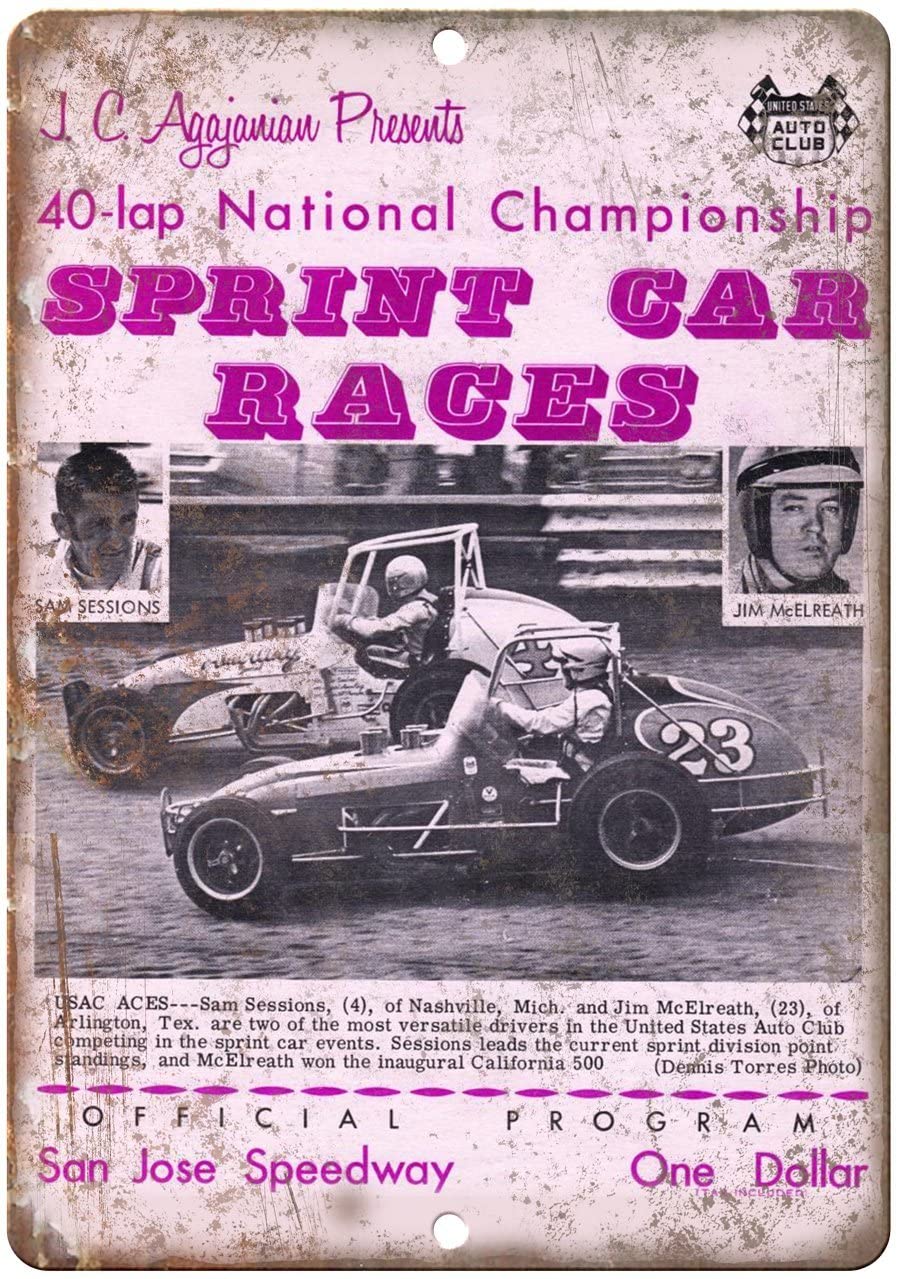 Vintage Auto Racing Sprint Car Metal Tin Sign - San Jose Races Wall Decor (8x12 or 12x16 Inch) - Rustic Bar, Kitchen, Man Cave, Bedroom, Lounge & Dining Room Decor - Perfect for Coffee Shops & Racing Fan Gifts