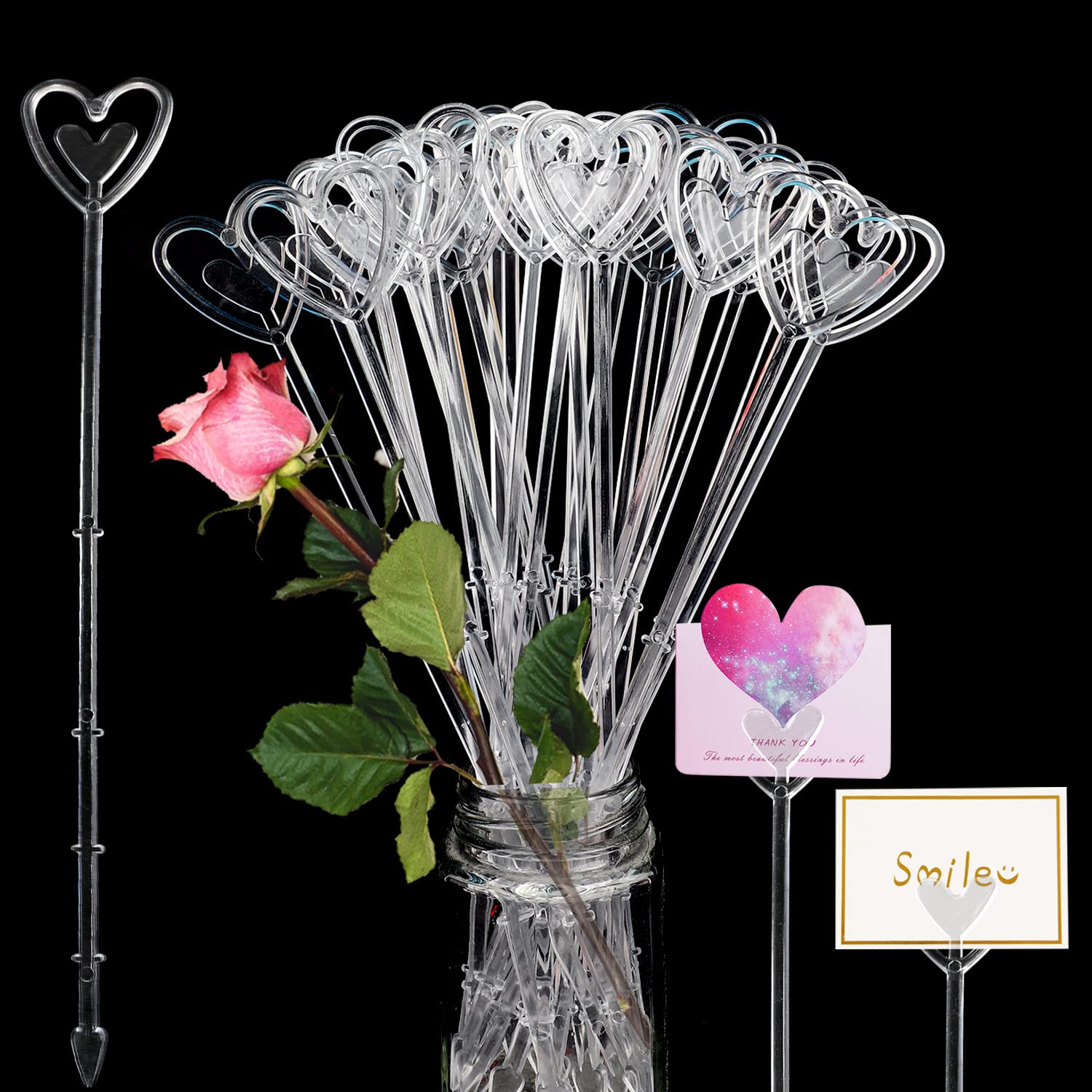 FOIMAS 100pcs Clear Heart Plastic Floral Pick Card Holders - Wedding Bouquet Clips for Valentine's Day, Bridal Shower & Party Decorations - Perfect for Floral Arrangements, Table Centerpieces and Gift Tags