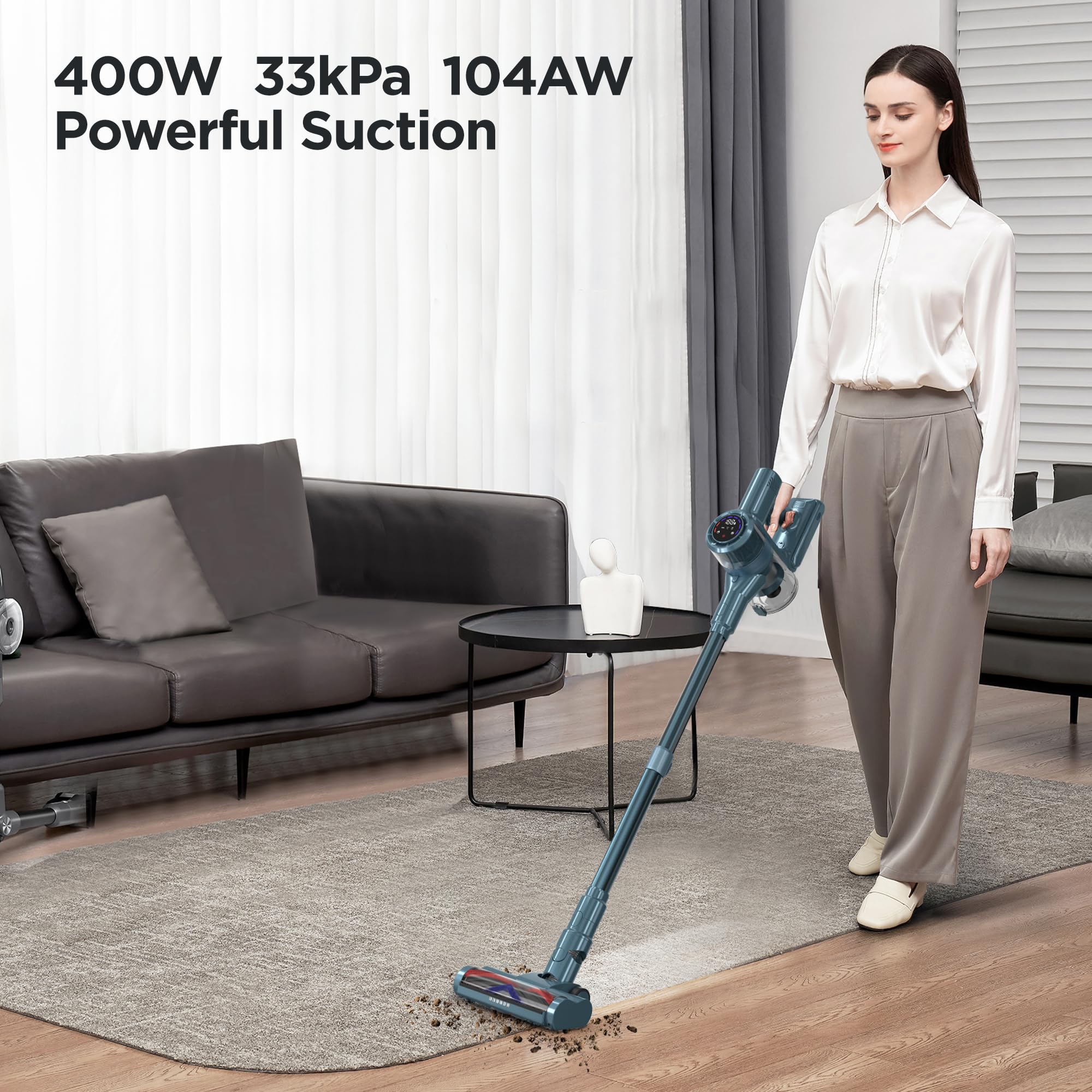 **Powerful 400W Cordless Stick Vacuum Cleaner - 33kPa Suction, Auto Mode, 50Min Runtime, LED Display, Rechargeable & Anti-Tangle - Lightweight for Home, Pet Hair, Carpets & Hard Floors - Perfect for Quick Cleanups & Pet Owners**