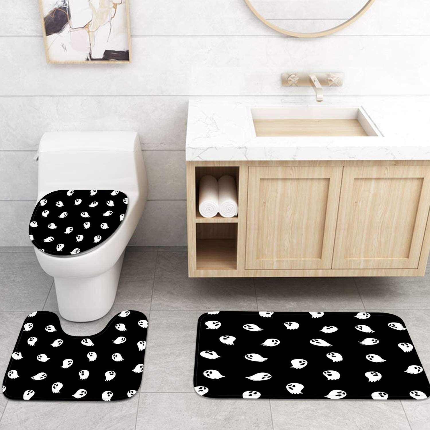 Halloween Bathroom Set - Ghost Shower Curtain & Matching Rugs (4-Piece) | Spooky Bathroom Decor for Halloween Party, Haunted House Theme | Waterproof & Cute Evil Design