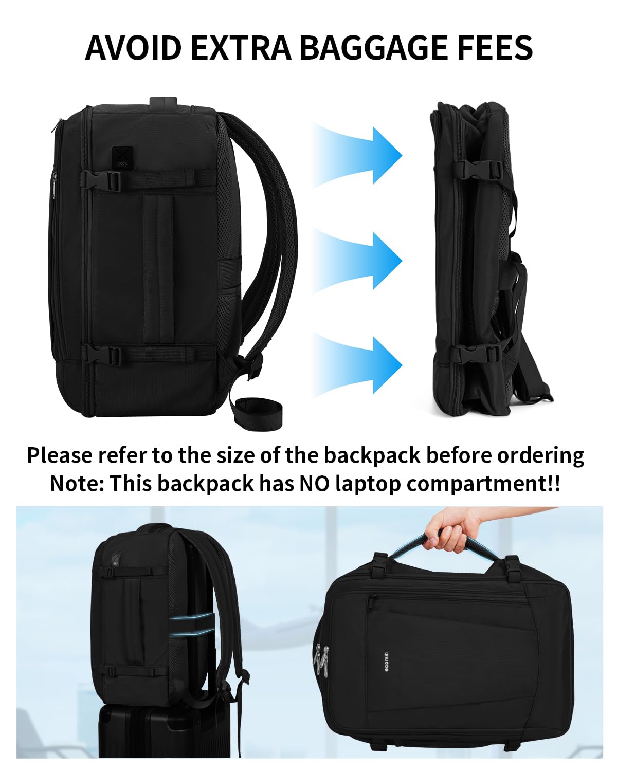 ECOHUB 17 Inch Flight Approved Travel Backpack - Water Resistant Carry On Backpack with 13 Pockets, USB Charging Port & Luggage Sleeve - Perfect Personal Item Bag for Air Travel, Commuting & Outdoor Adventures (Black)