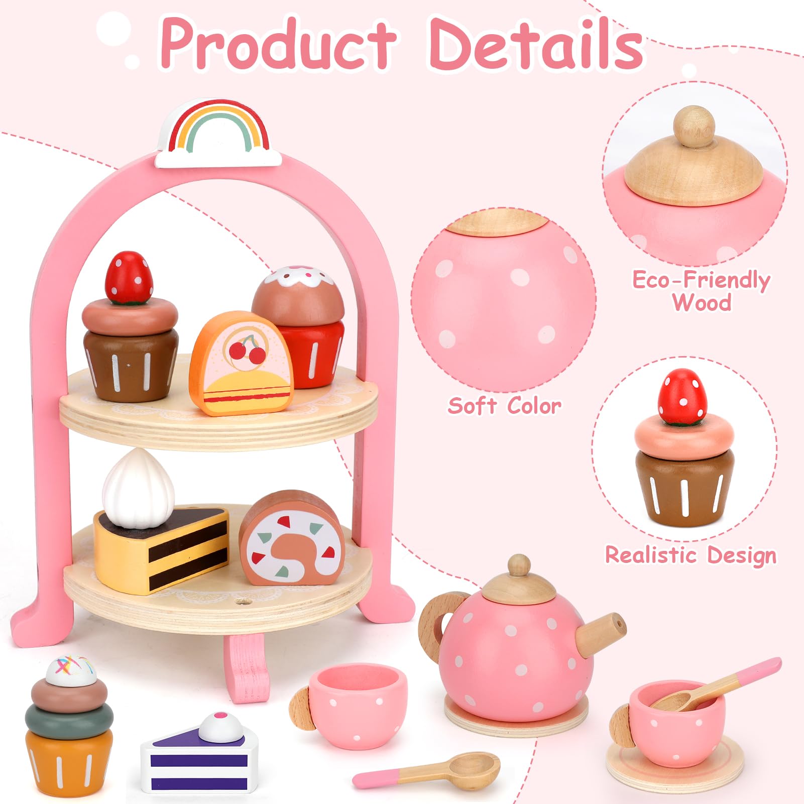 Wooden Tea Party Set for Girls - Pretend Play Kitchen Toy with Tea Cups & Treats, Perfect Birthday Gift for Toddlers & Kids Ages 3-7 - Ideal for Imaginative Play, Tea Time Fun & Social Skills Development