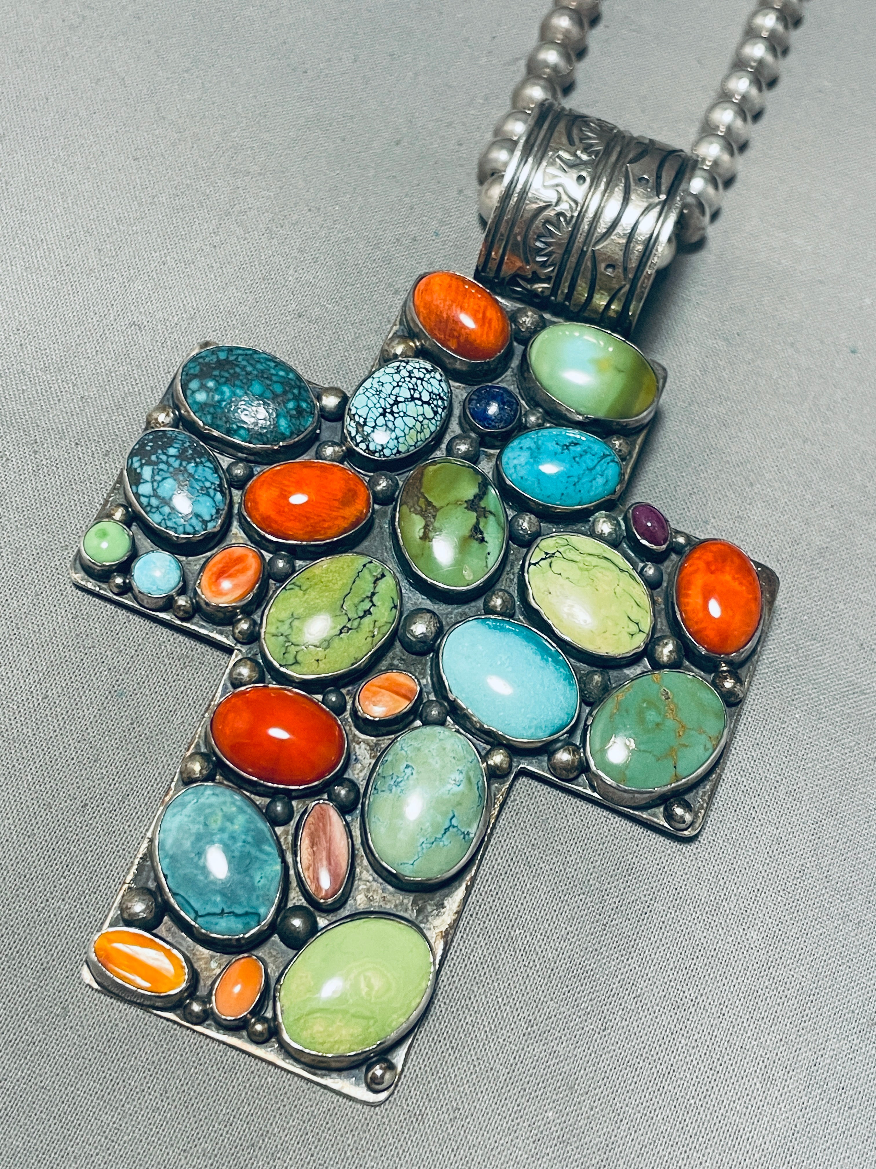 131 Grams Vintage Native American Navajo Turquoise Sterling Silver Cross Pendant Necklace - Perfect for Boho Fashion, Western Style & Spiritual Jewelry Gifts