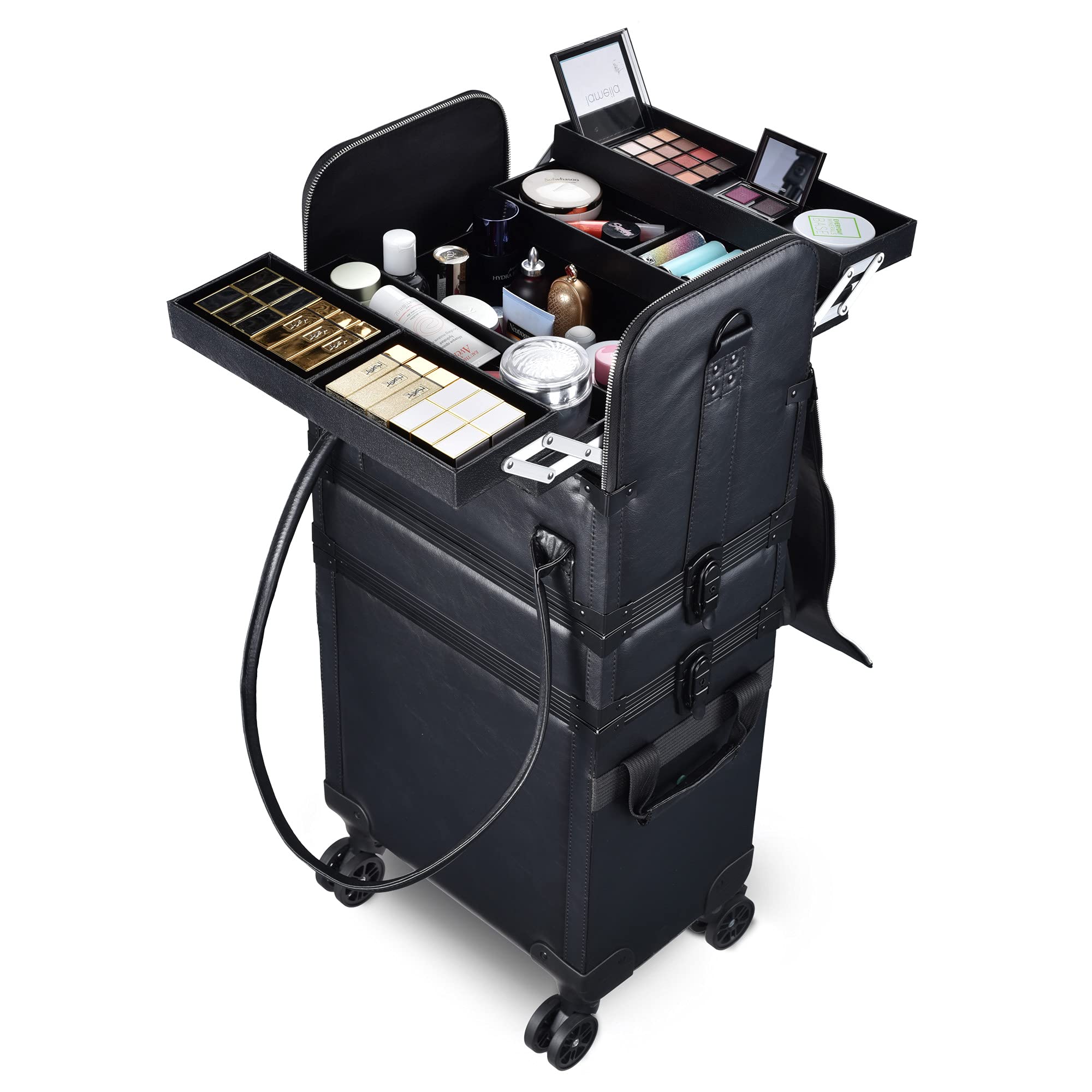 BYOOTIQUE 3-in-1 Rolling Makeup Case - Professional Lockable Cosmetic Trolley with Removable Organizer & Travel Bag - Classic Black for Makeup Artists, Salon Professionals & Travel - Perfect for On-the-Go Beauty Services, Bridal Makeup & Cosmetic Storage