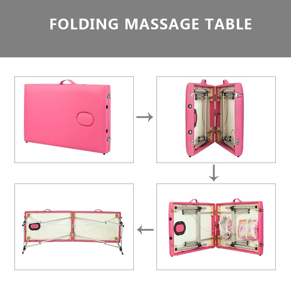Portable Folding Aluminum Beauty Massage Table - 60CM Wide Pink for Home Spa & Salon - 2-Section Adjustable Design for Professional Massage Therapy