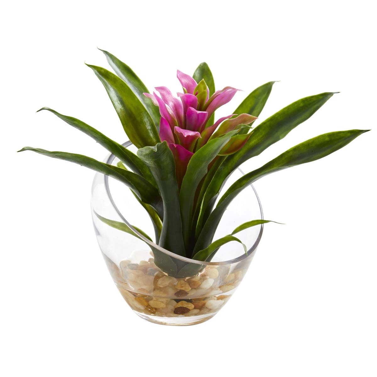 8 Inch Tropical Bromeliad Artificial Flower Arrangement in Angled Vase - Purple Faux Plant for Home Decor, Office Desk, Wedding Centerpiece & Tropical Party Decorations