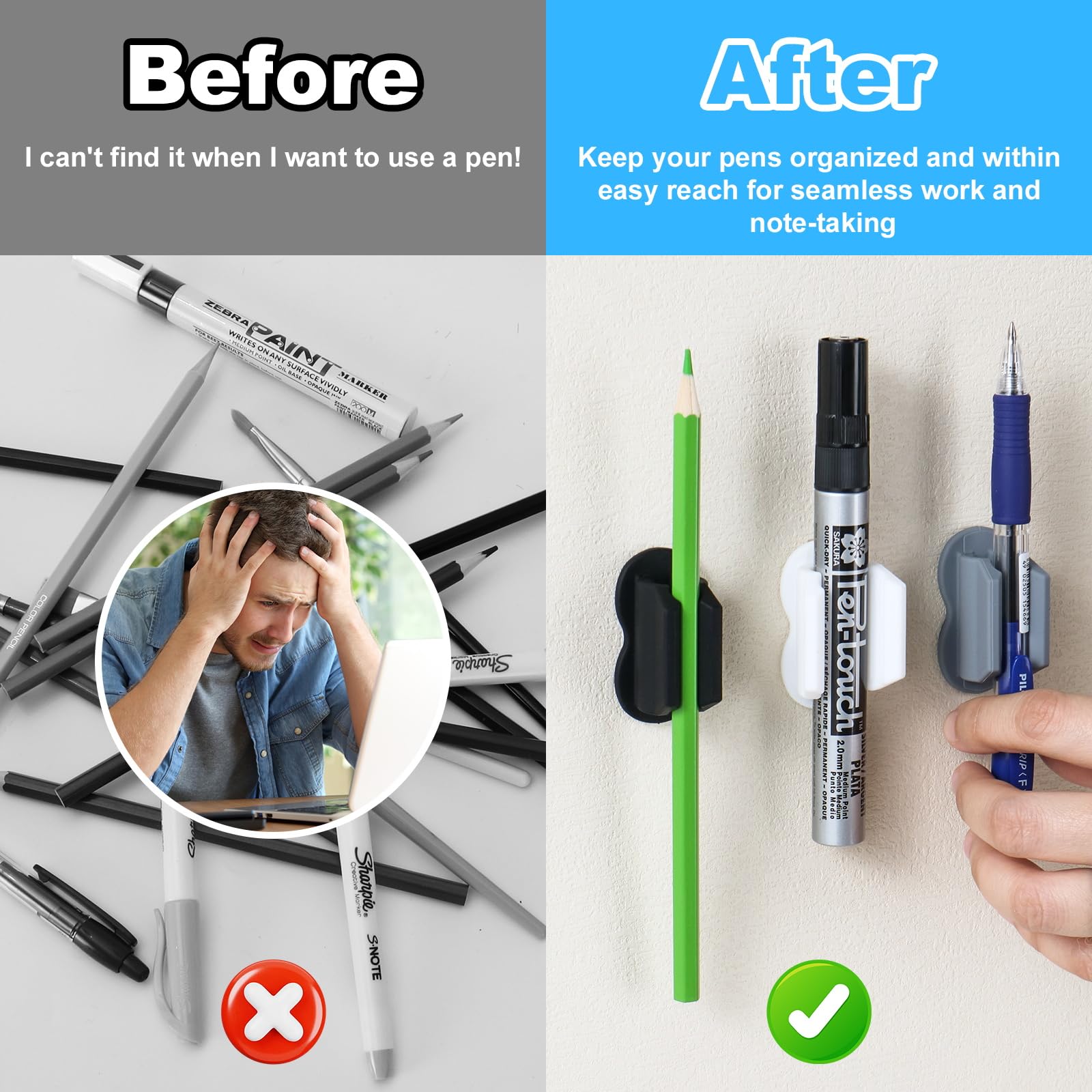 2025 Upgraded 6-Pack Adhesive Pen Holders for Wall & Desk - Pencil, Marker & Clipboard Organizer - Perfect for Classroom, Office & Kids Desk Accessories (Teacher Supplies, Home & School Use)