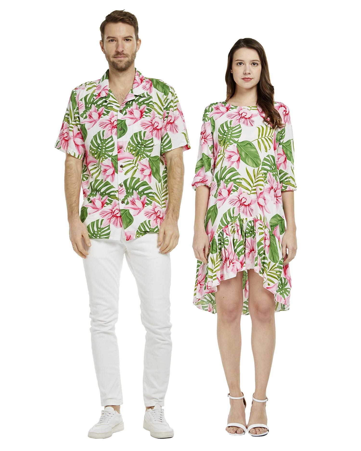 **Couple Matching Hawaiian Luau Shirt & 3/4 Sleeve Ruffle Dress - Neon Sunset Print for Beach Vacation, Summer Party, and Tropical Getaway**