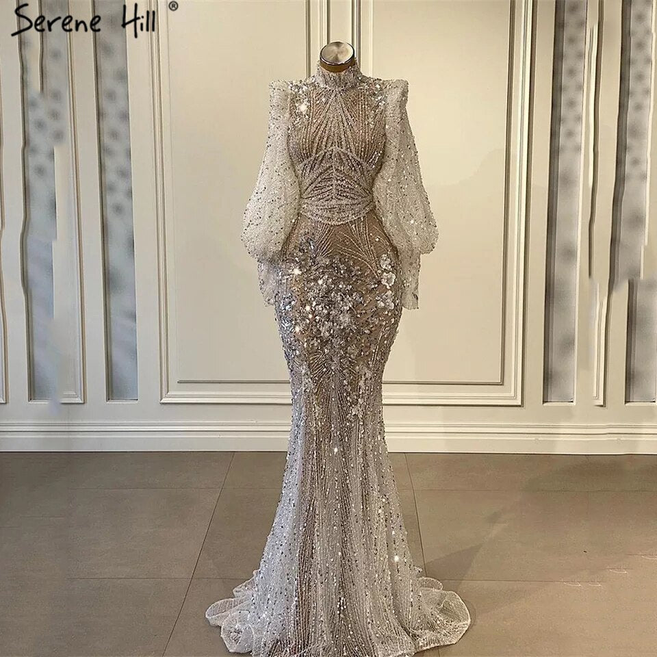 Elegant Silver Mermaid Evening Gown with Beaded Details and Full Sleeves - LA71036 | Perfect for Prom, Gala, and Formal Events