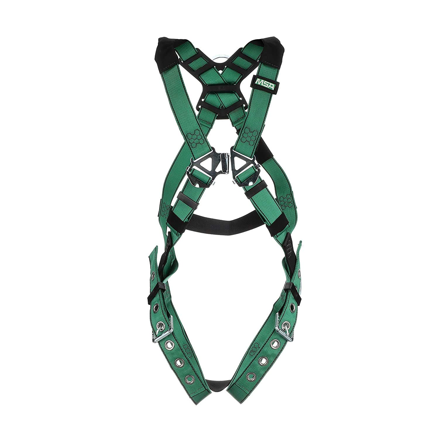 MSA 10197215 V-Form Full Body Safety Harness - Standard Size (Medium) with Back/Hip D-Ring & Tongue Buckle Leg Straps - OSHA Compliant Fall Protection Gear for Construction & Roofing Work - Green Color