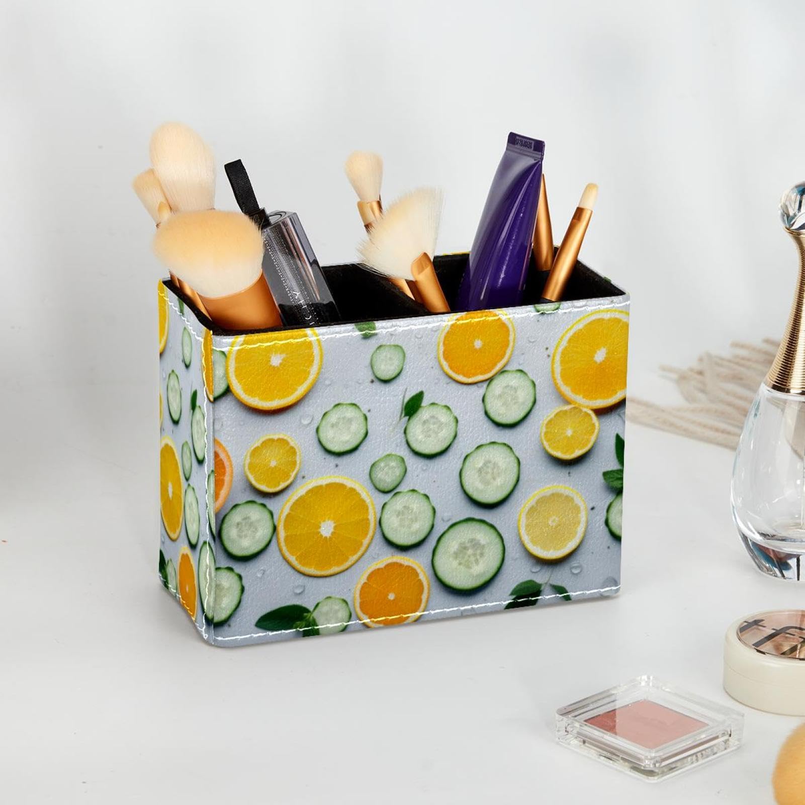 FVQL Orange Cucumber Pattern Pencil Holder & Makeup Brush Organizer - Perfect for Office Desk, Study Table, and Vanity Storage