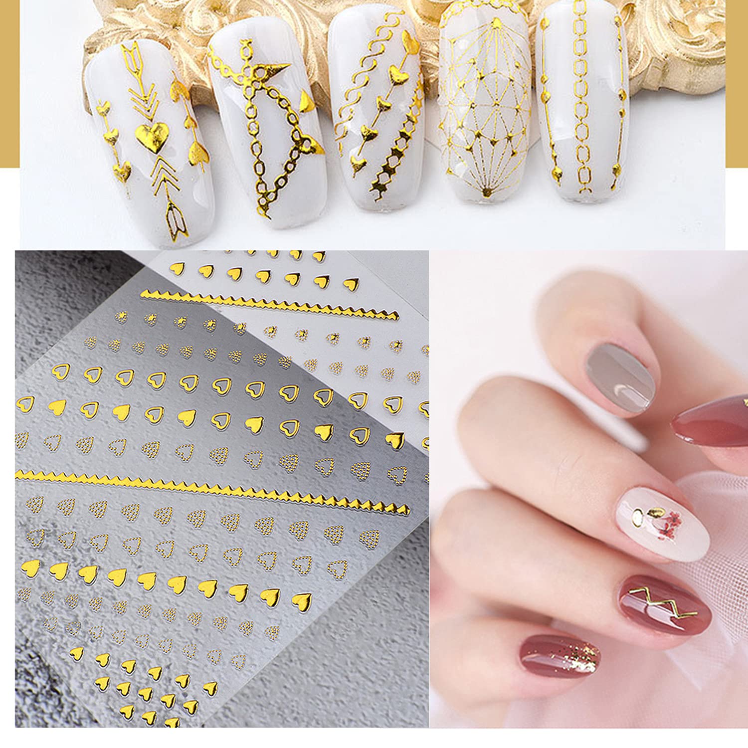 8 Sheets Gold 3D Nail Art Stickers - Self-Adhesive Metallic Chains, Lines, Triangle, Heart & Circle Nail Decals - Holographic Glitter Nail Supplies for Women & Girls - Perfect for Manicures, Parties, Weddings & Special Occasions