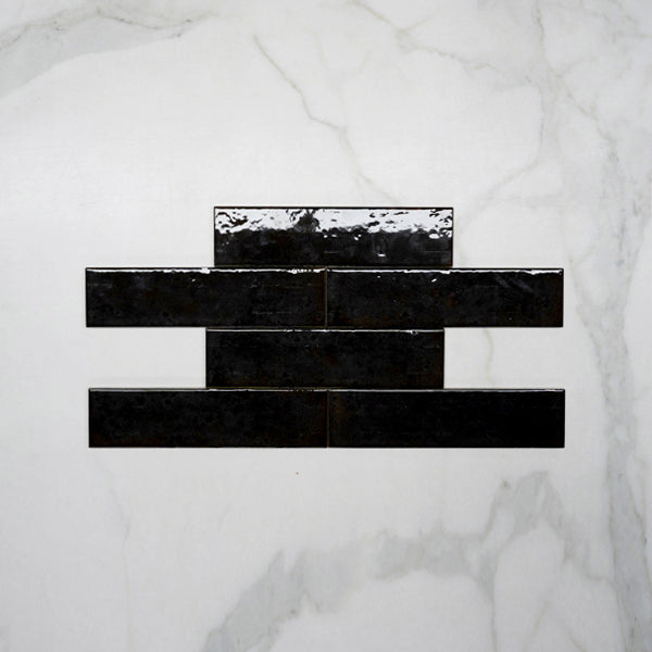 Black Andrea Subway Tile - Glossy Textured Italian Porcelain (75x300x8mm) - Perfect for Kitchen Backsplash, Bathroom Walls & Modern Interior Design