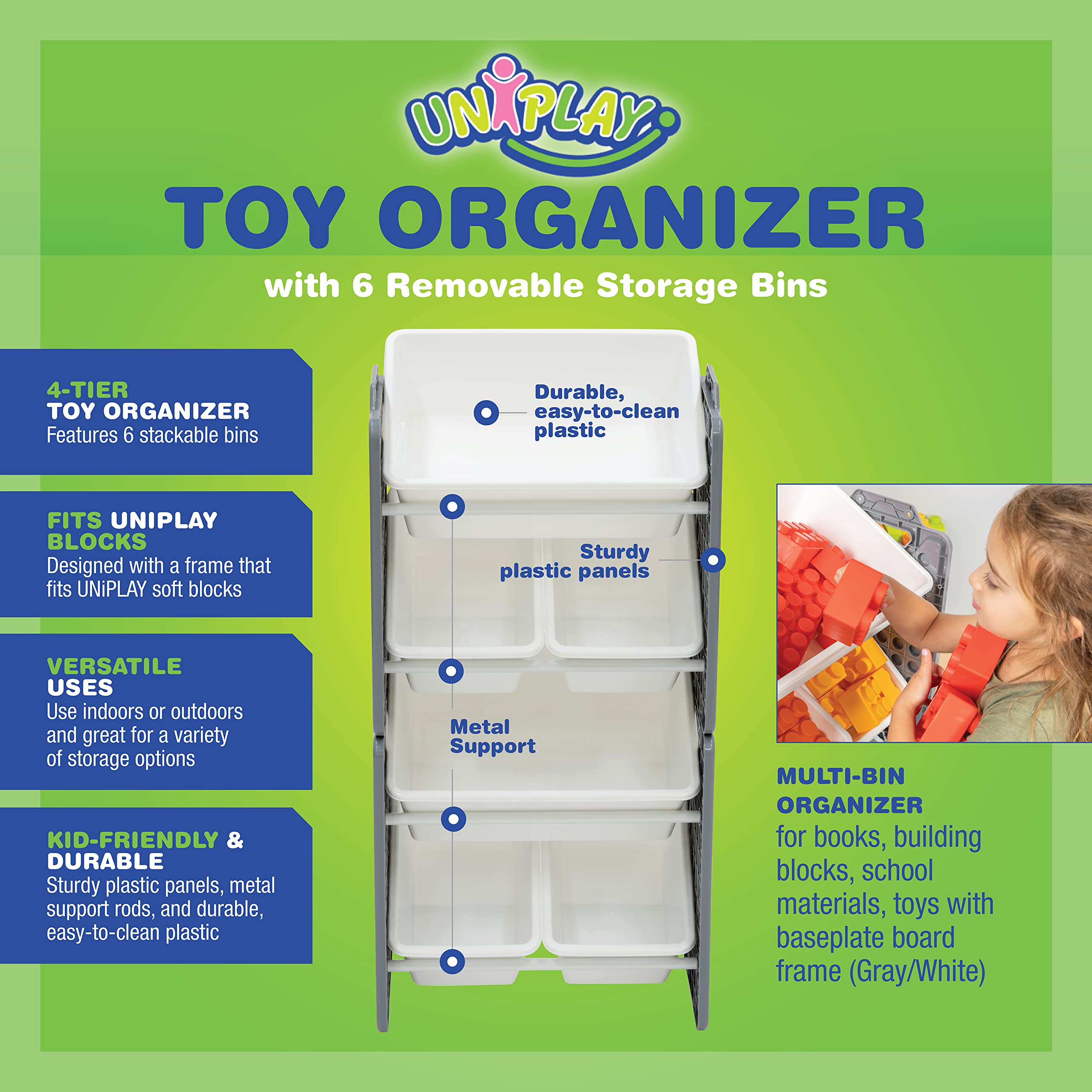 UNiPLAY 6-Bin Toy Storage Organizer with Removable Bins - Kids Bookshelf for Building Blocks, School Supplies & Toys - Sturdy Baseplate Frame (Gray) - Perfect for Playrooms, Classrooms & Home Organization