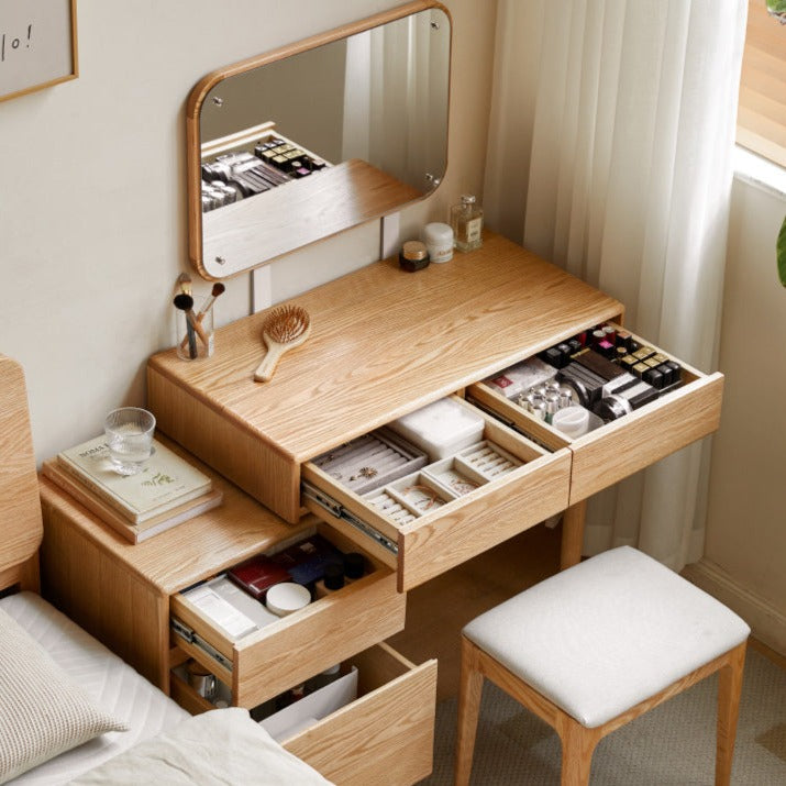 Modern Oak Solid Wood Retractable Dressing Table - Space-Saving Vanity for Bedroom, Bathroom & Small Apartments